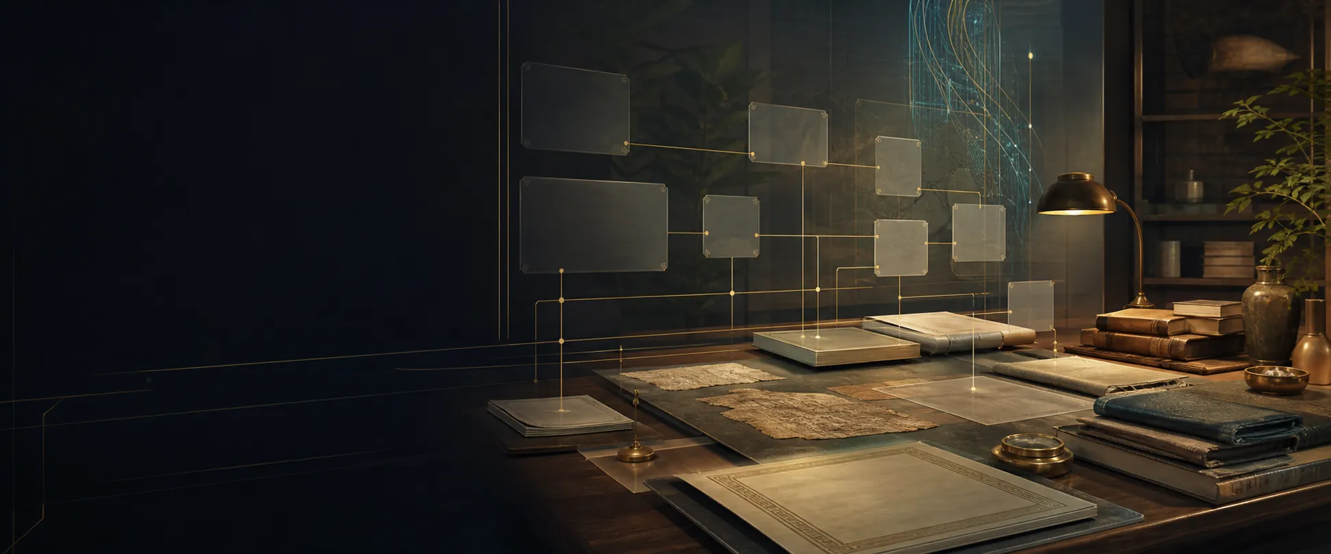 An illuminated archive opening into a living landscape of knowledge and community