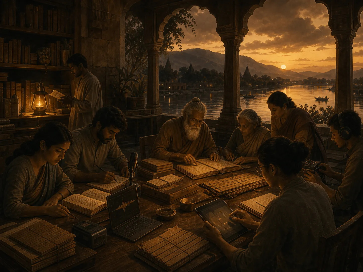 A diverse group collaborating around archives, manuscripts, media, and living knowledge