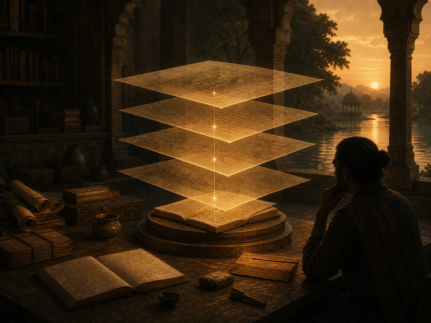 Transparent layers revealing source, translation, commentary and context