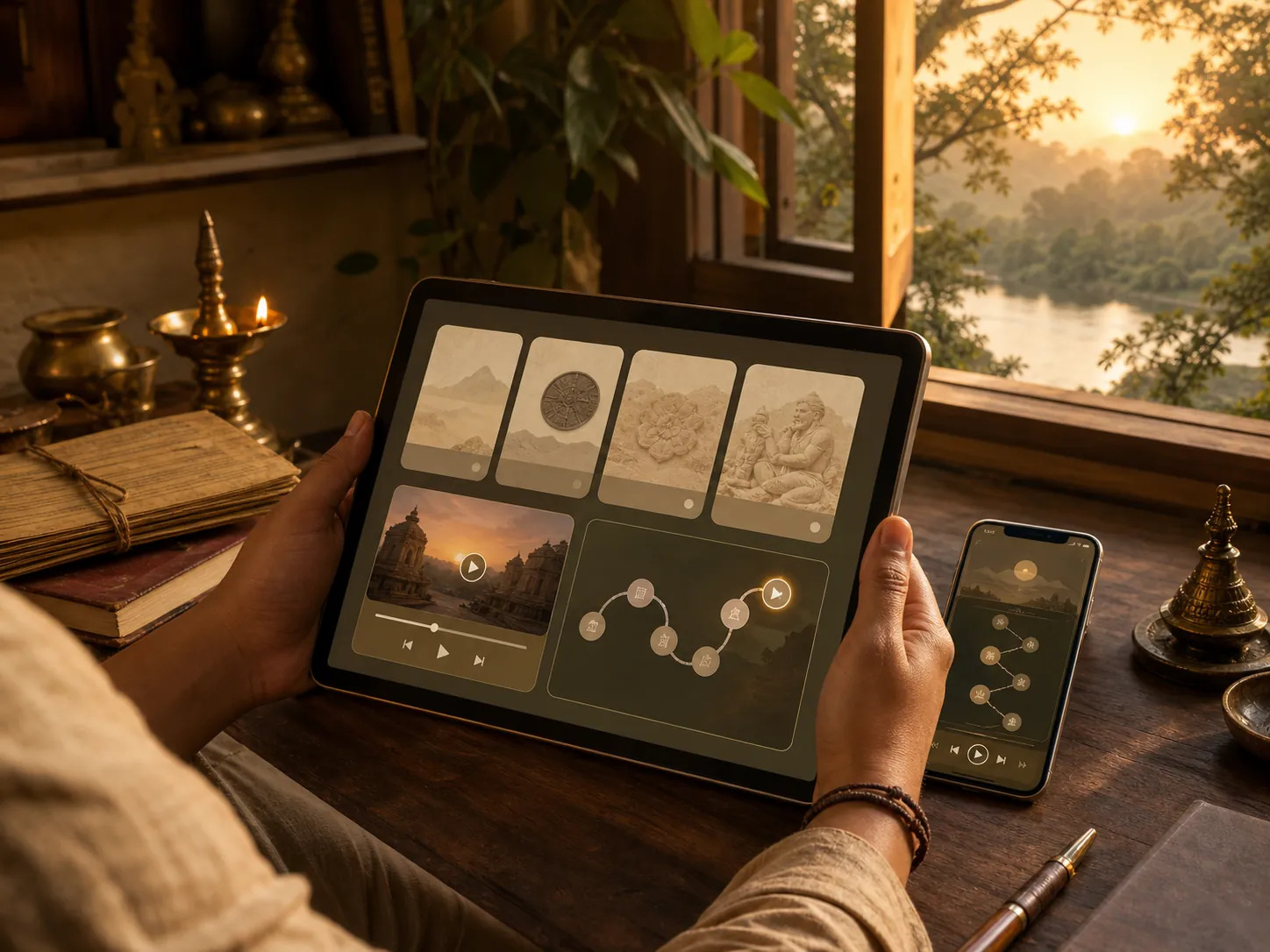 Vidyame shown on a phone and tablet in a calm home study