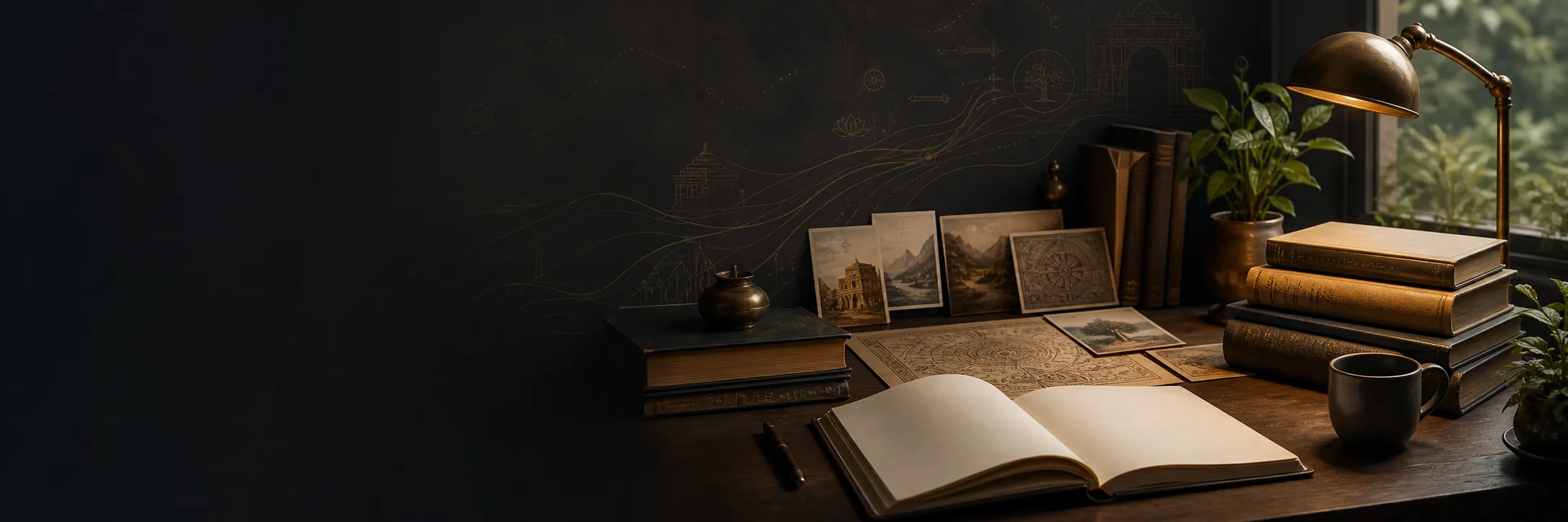 An editorial desk with manuscripts, notes and tools for careful writing