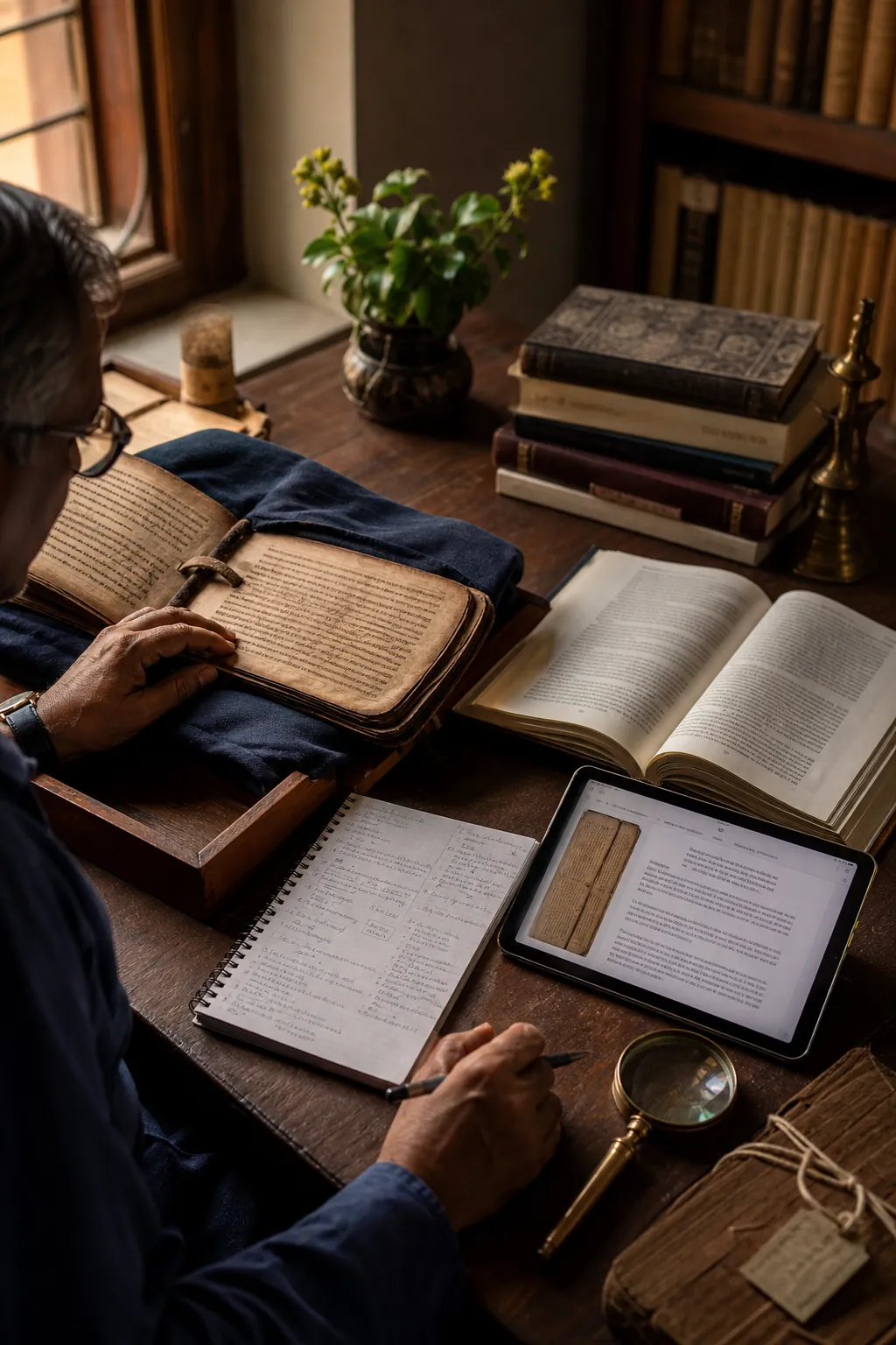 A scholar examining a source, edition, commentary, and research record before forming an answer