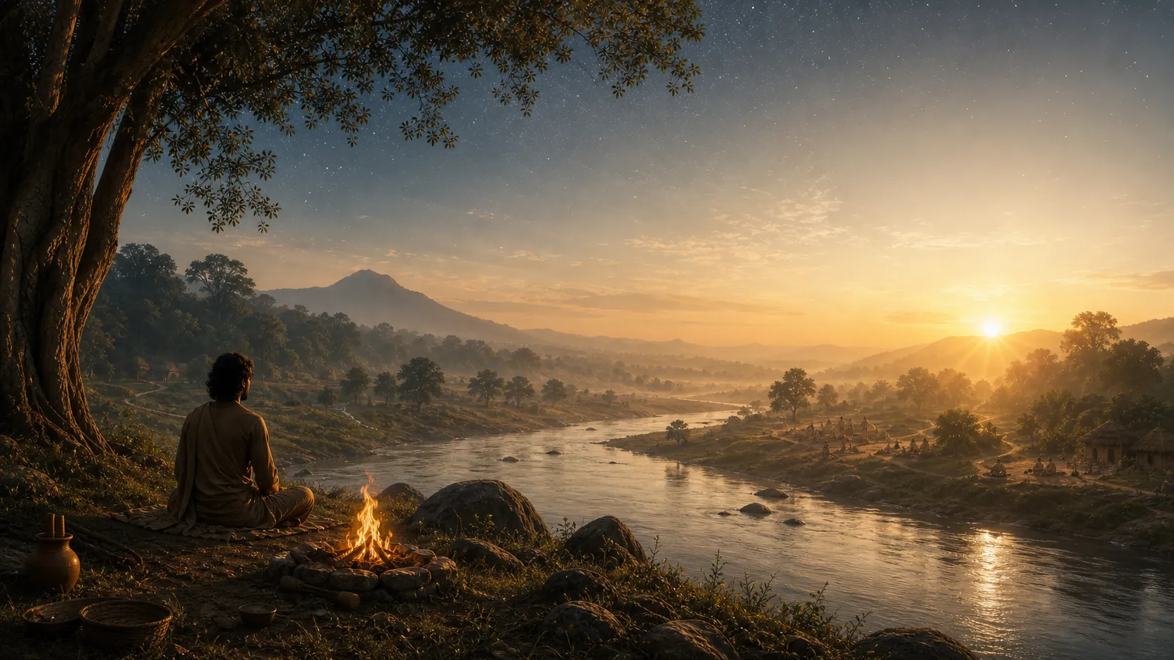 A seeker seated beneath a tree beside a river at dawn, evoking Upaniṣadic inquiry and transmission.