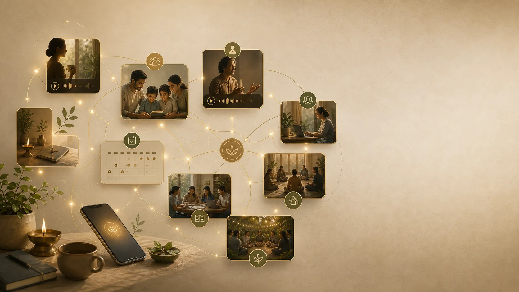 Daily Dharma panels representing connection, learning, reflection, and community.