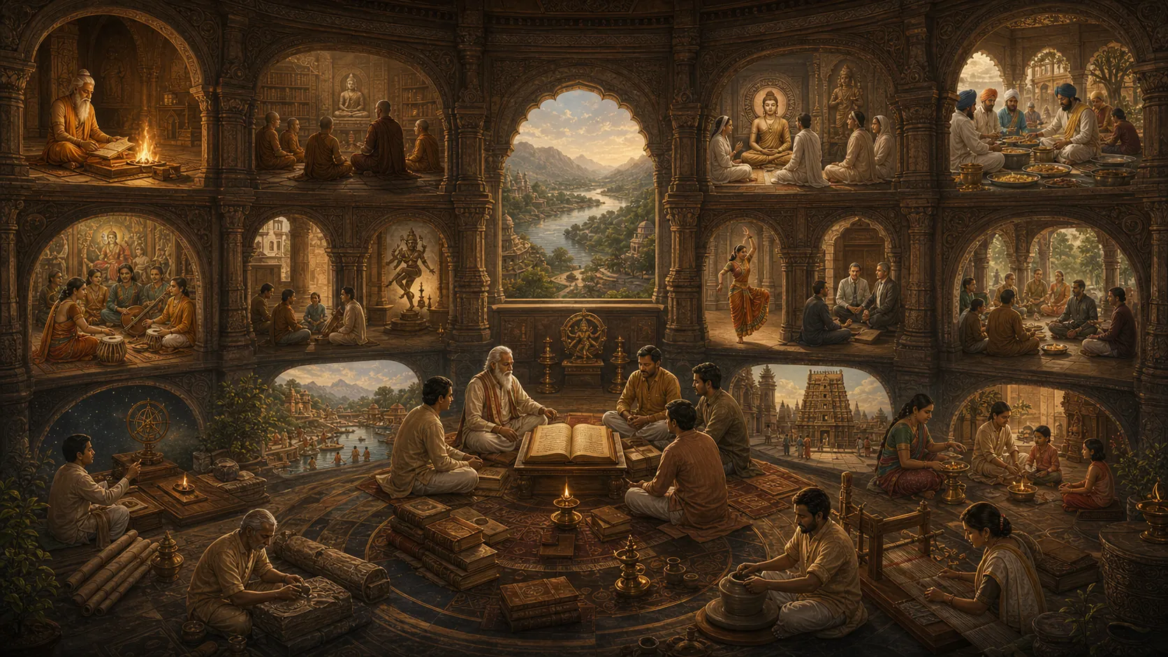 A civilizational knowledge hall connecting sources, study, and living traditions