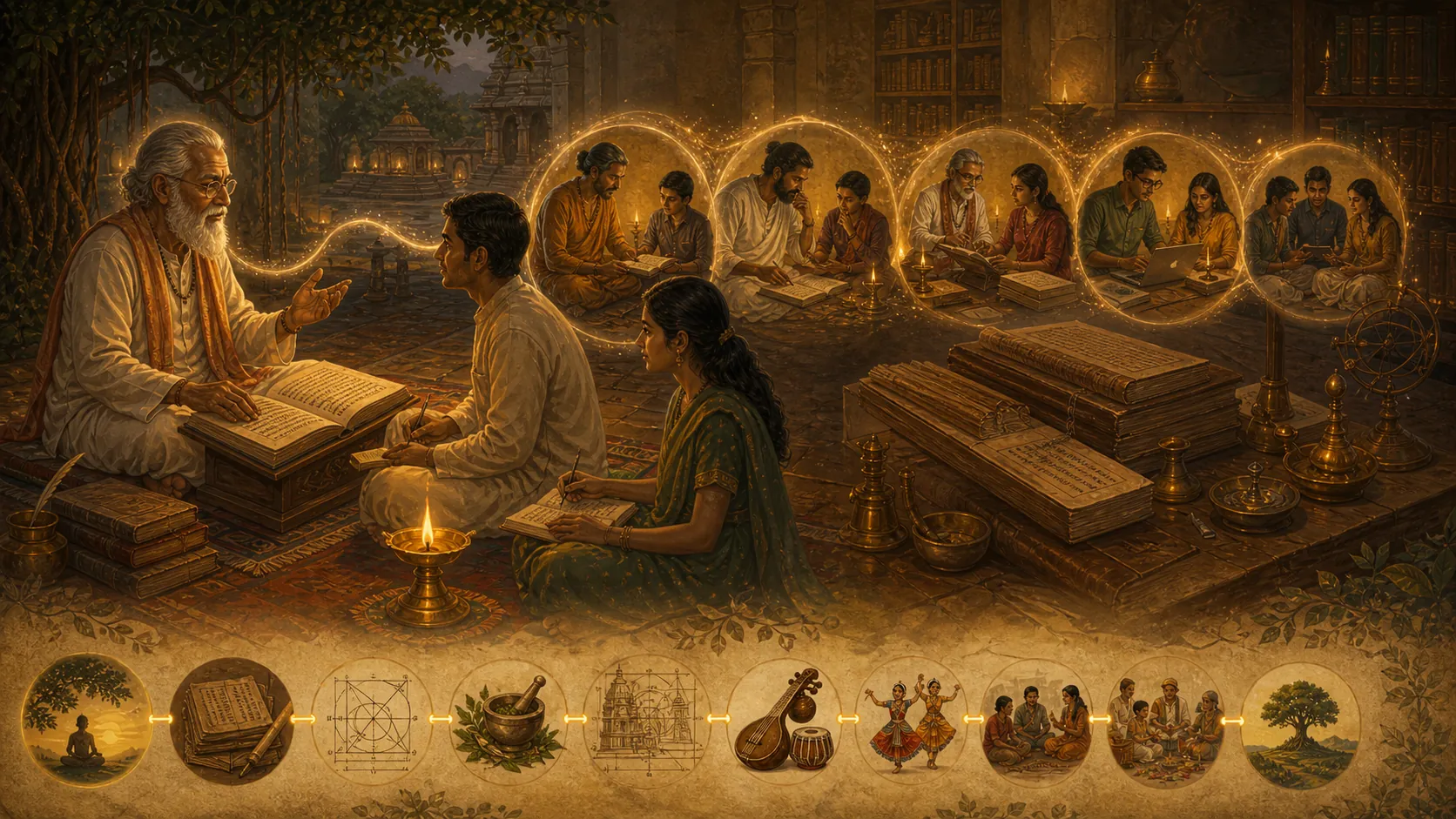 Teachers and learners connected through lineage, source, commentary, and dialogue