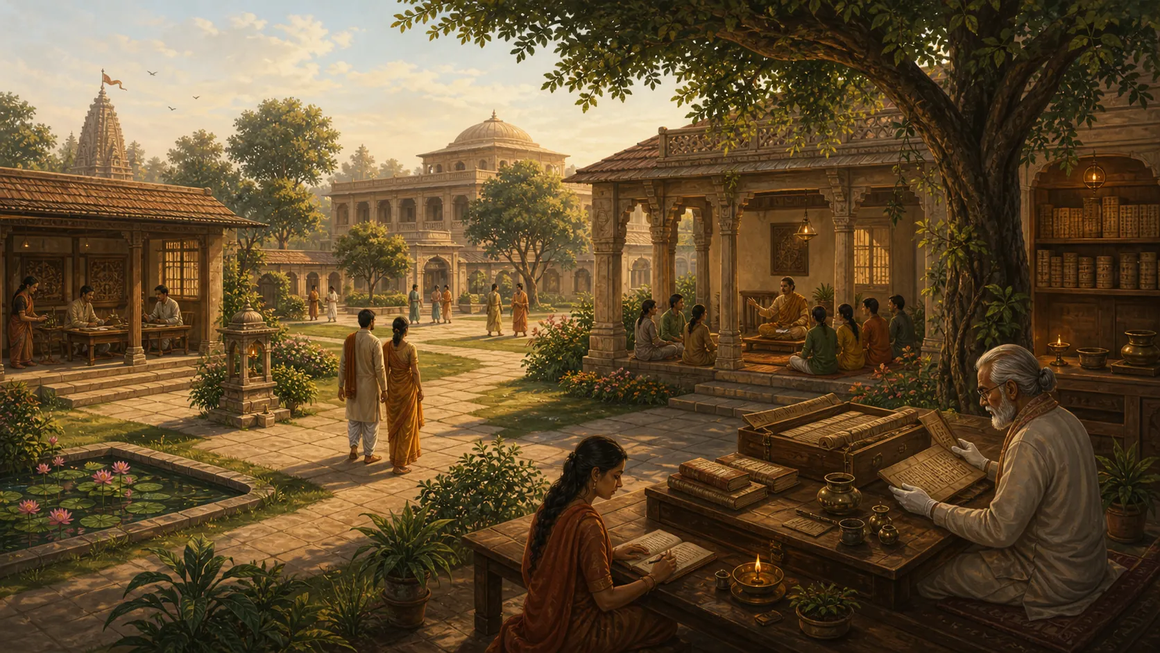 Civilizational institution courtyard with archive, pathshala, community hall, and research spaces.