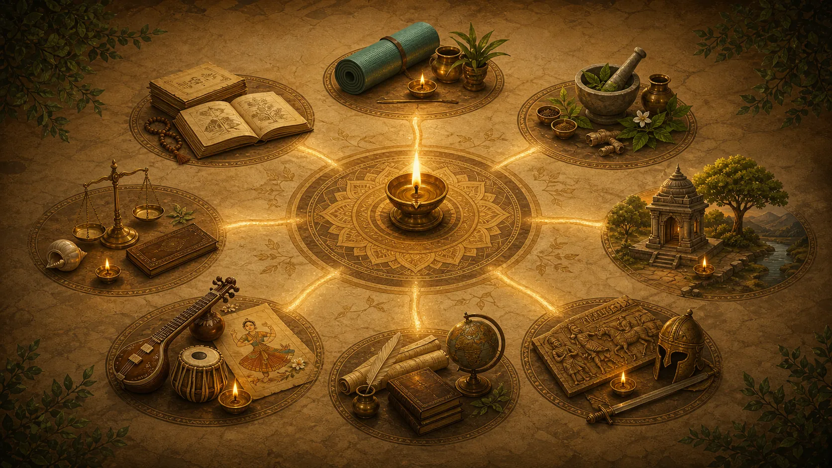 A central lamp connecting distinct paths of inquiry within a Kendra