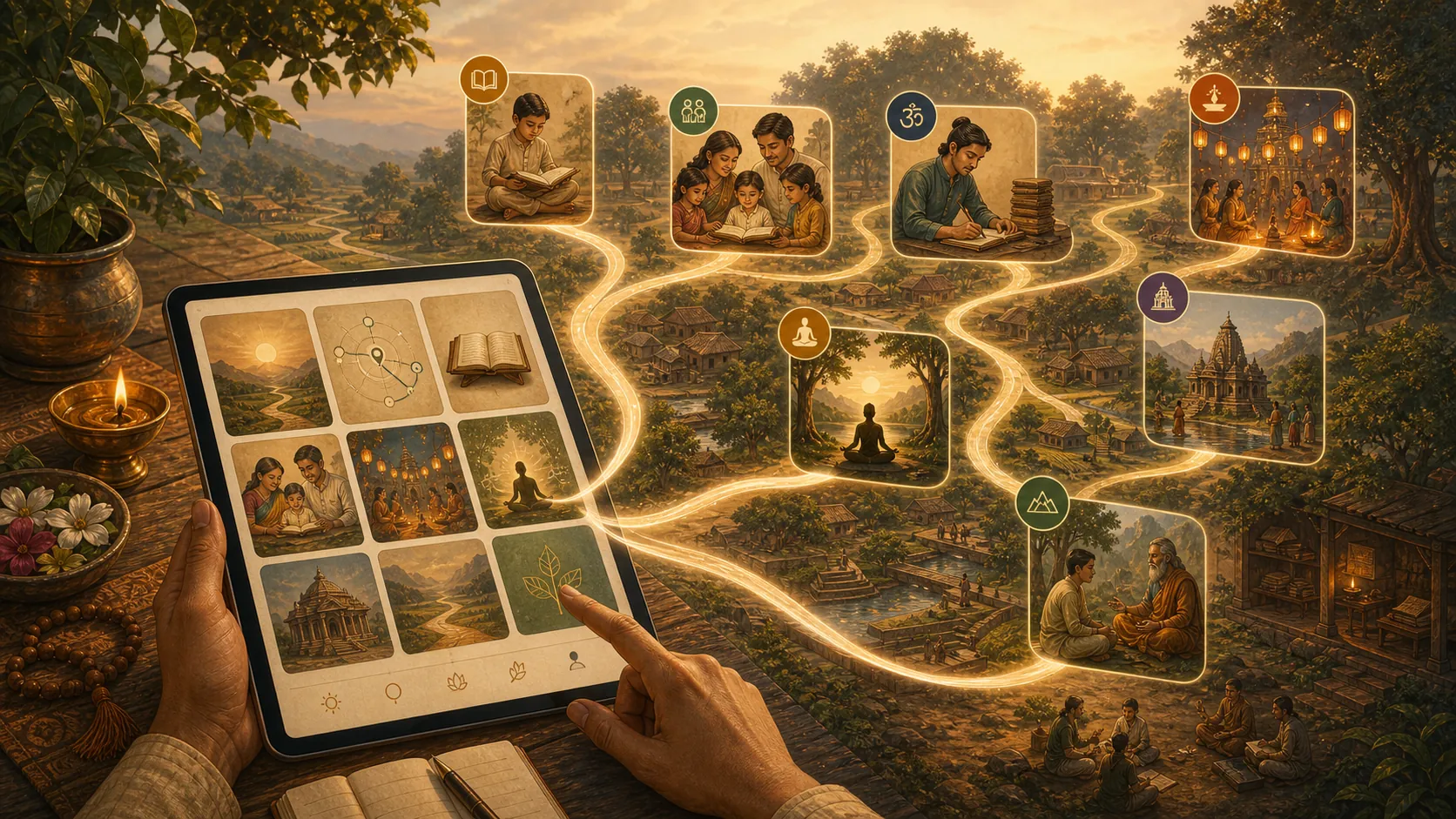 Illustrated tablet journey interface showing guided learning paths through Dharma topics.
