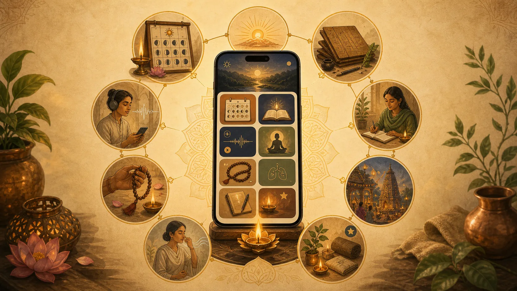 Illustrated Vidyame dashboard surrounded by daily Dharma tools and practice vignettes.