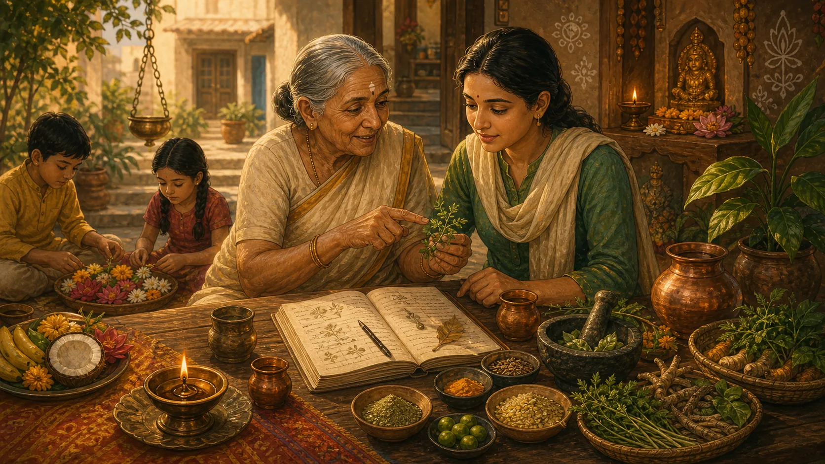 A younger learner discovering the meaning of a household practice with an elder