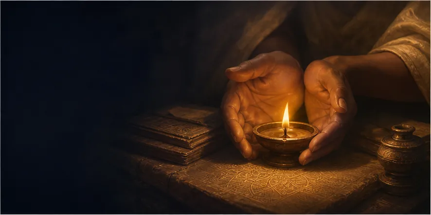 Hands protecting a living flame representing stewardship of knowledge