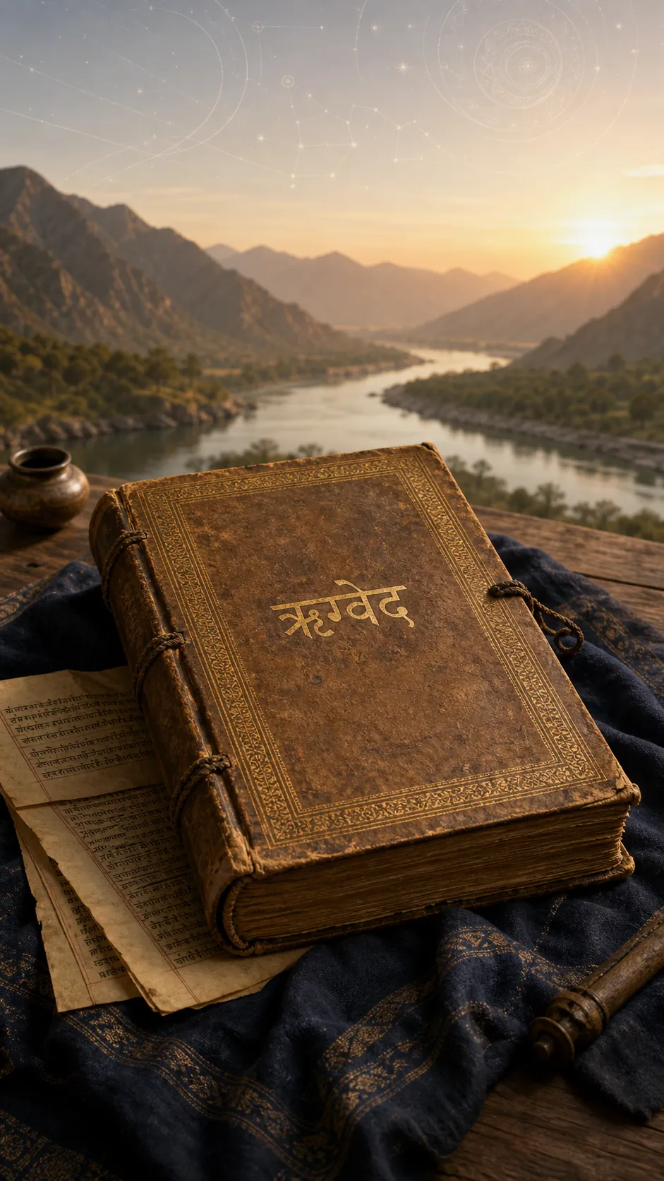 An aged volume of the Ṛgveda resting on manuscript leaves beside a river valley at dawn.