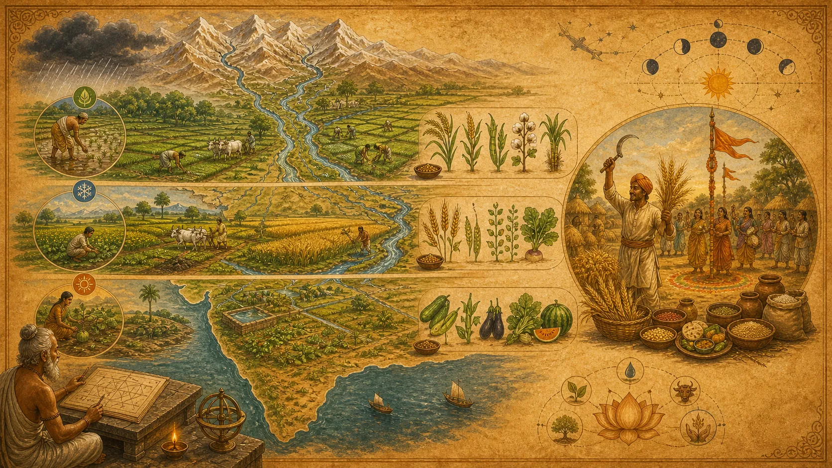 Parchment-style crop-season atlas with Himalayan rivers, seasonal crop bands, and Baisakhi harvest imagery