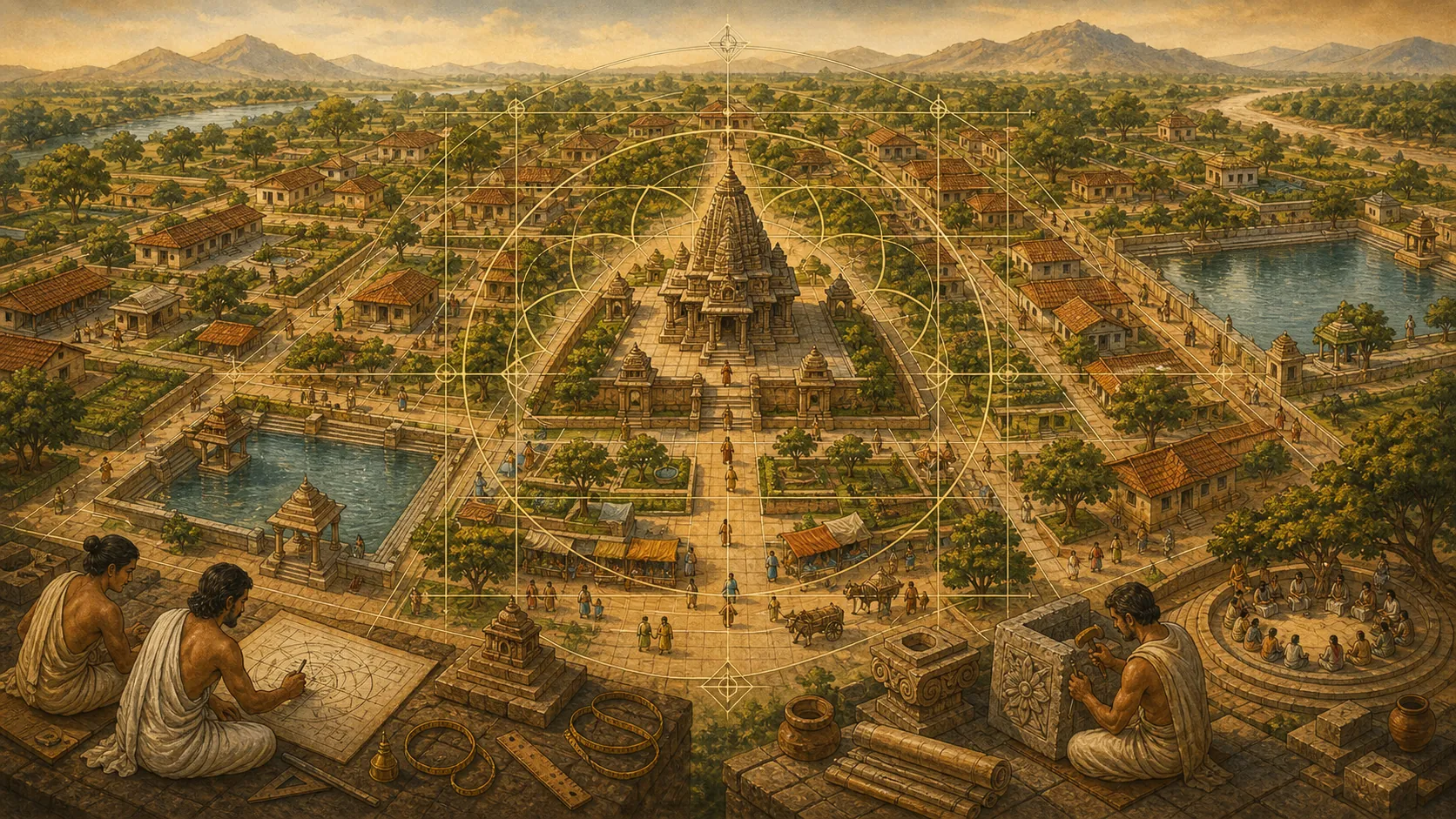 Civilizational town planning scene with temple, homes, streets, water tank, civic space, and vastu grid