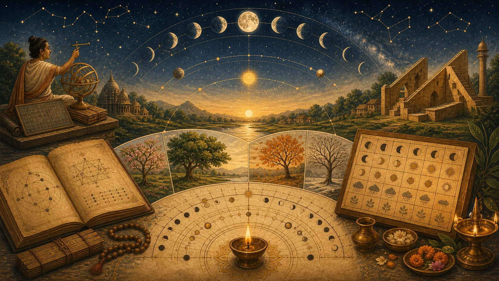 Layered time atlas with night sky, moon phases, solar path, seasons, observatory, and Panchang motifs