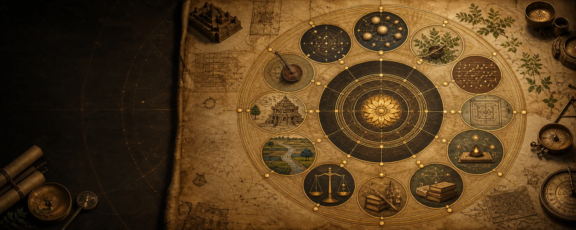 A knowledge mandala connecting Indic disciplines, methods, arts, and sciences
