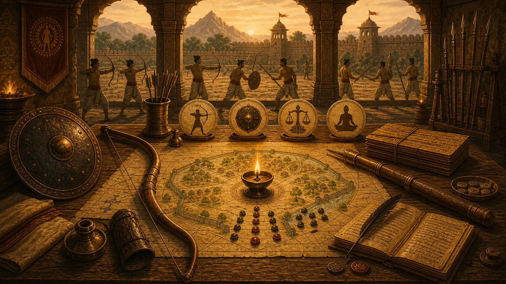 Strategic protection table with bow, shield, boundary map, formation tokens, manuscript, and calm training silhouettes