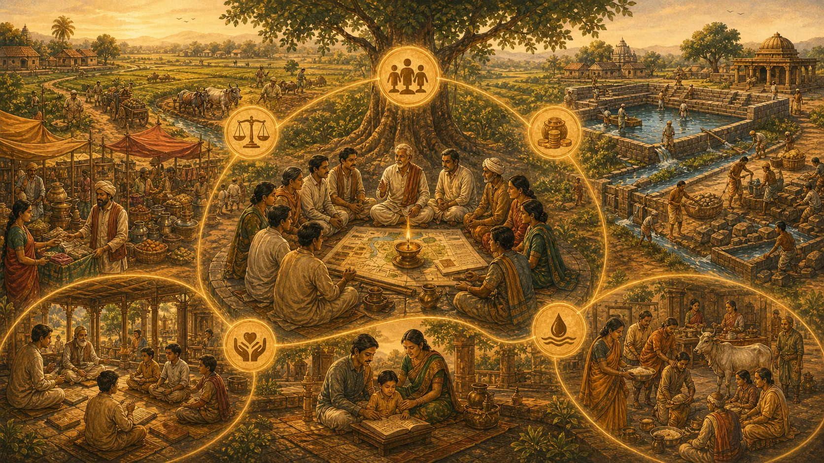 Civic-life panorama showing community assembly, marketplace, water works, learning space, fields, and homes