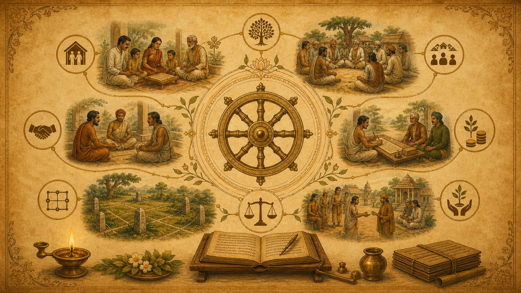Symbolic civilizational order map with duty, custom, mediation, inheritance, accountability, and restoration motifs