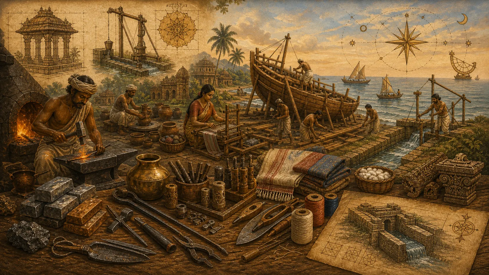 Coastal workshop with metallurgy, textiles, tools, shipbuilding, navigation, and water engineering