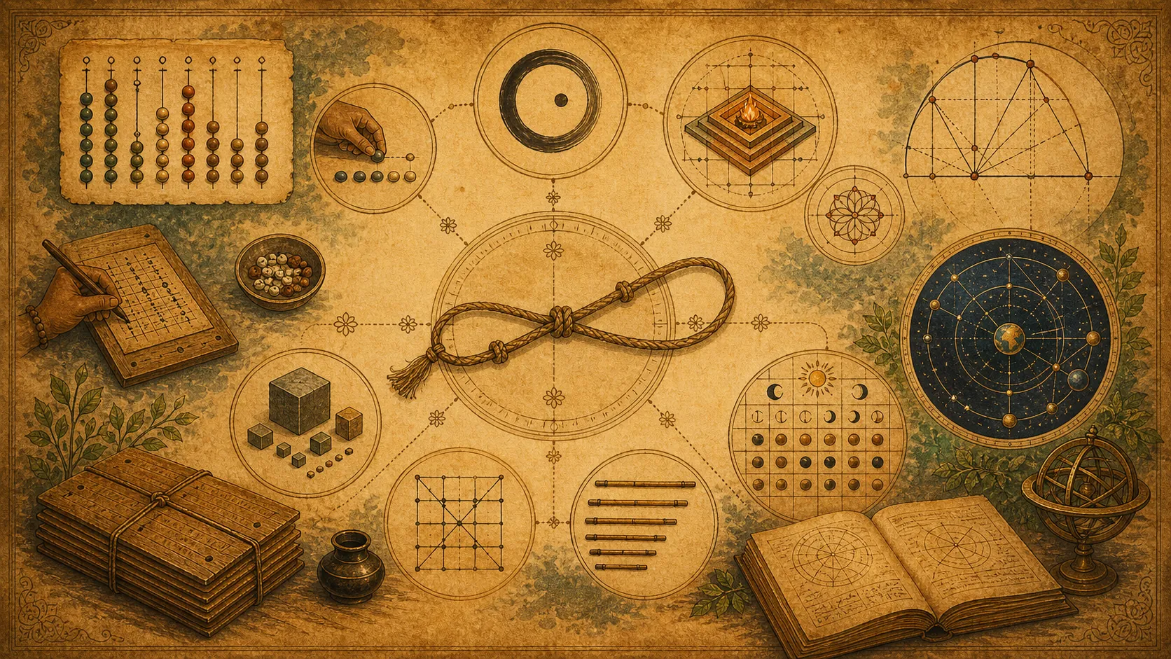 Symbolic parchment map of zero, place value, geometry, calendar mathematics, and measurement systems