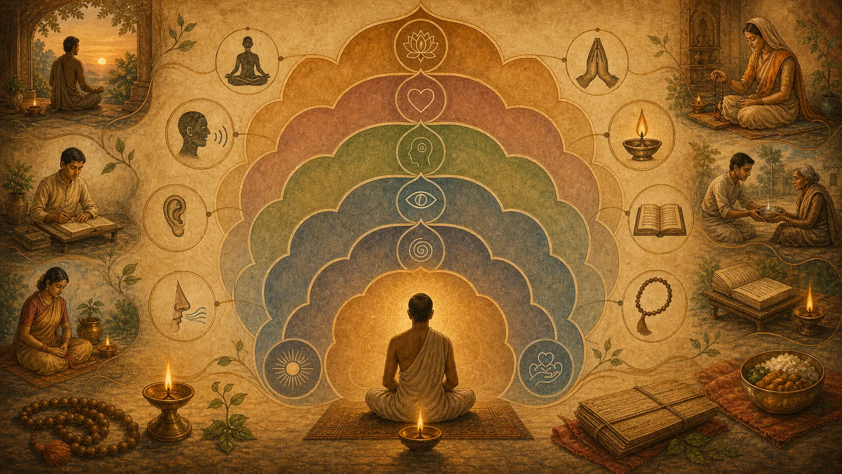 Symbolic inner-practice visual with seated figure, lamp, practice objects, and rings of inner refinement