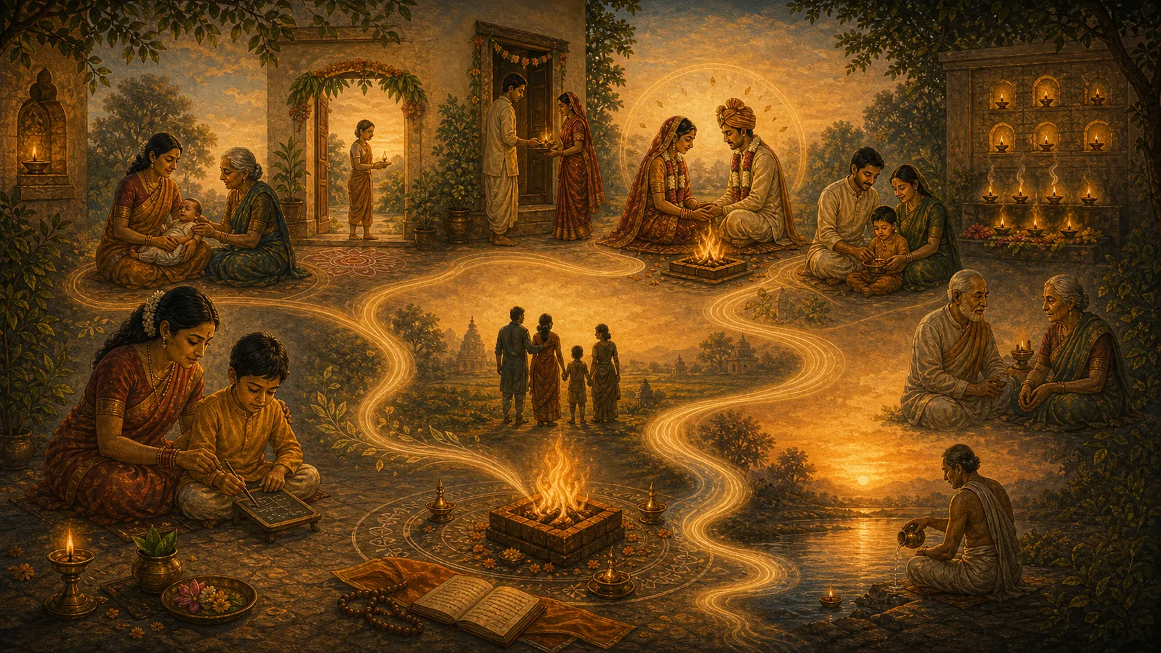 Continuity courtyard with sacred fire, life-stage symbols, ancestor lamps, learning, and home threshold