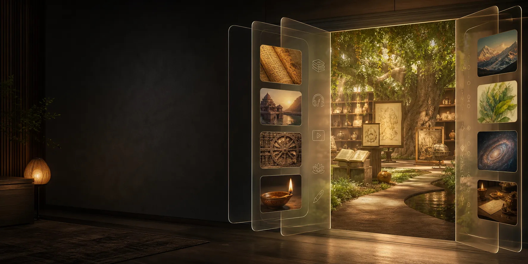 A doorway opening into the Vidyame app and a connected home for Indic knowledge