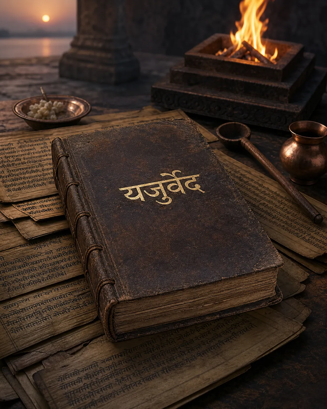 An aged volume of the Yajurveda resting on Sanskrit manuscript leaves beside a restrained yajña setting at dawn.